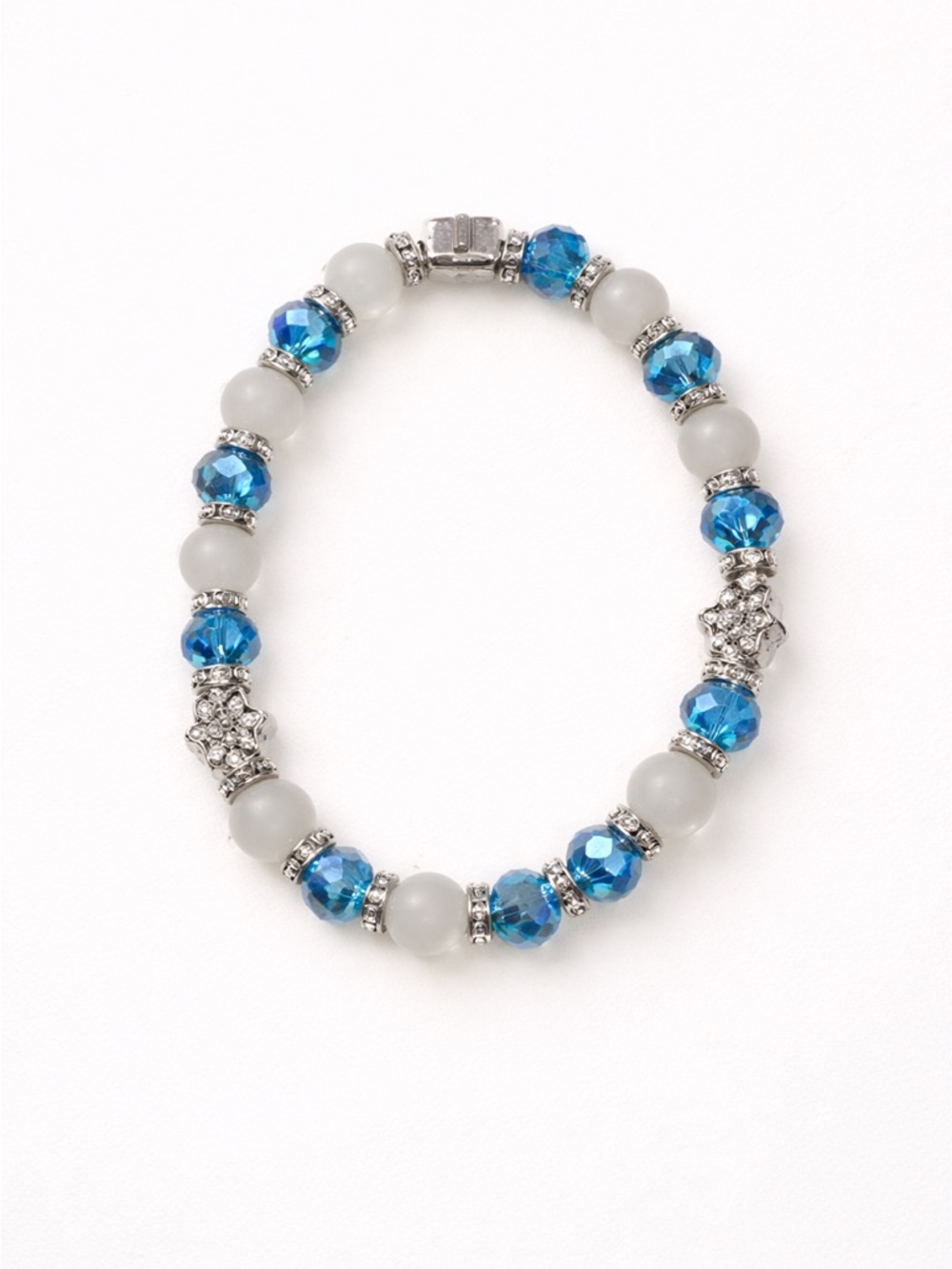 Blue & White Beaded Stretch Bracelet with Silver Accents